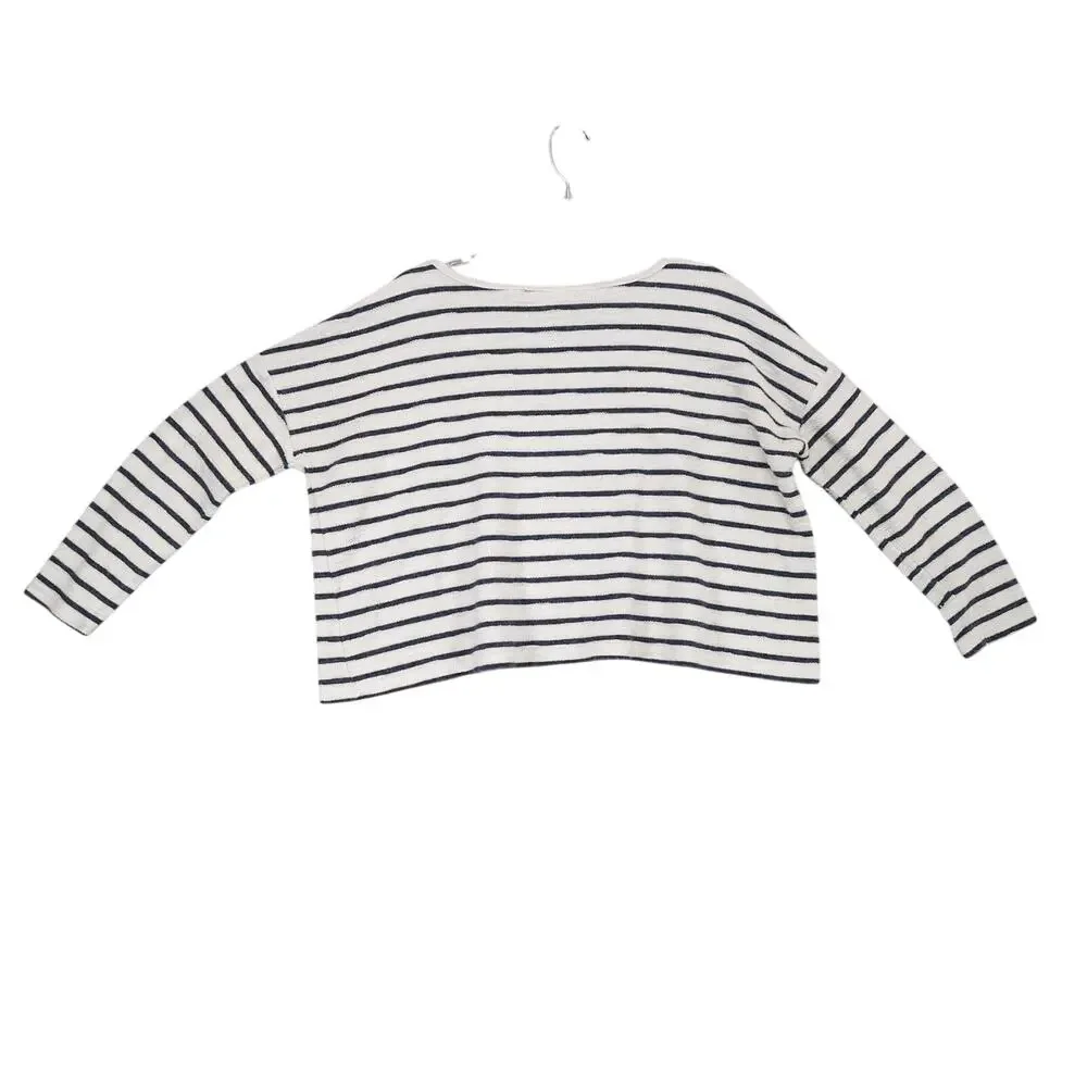 Jack by BB Dakota Women's L Oversized Cropped Navy Striped‎ Terrycloth Shirt Top